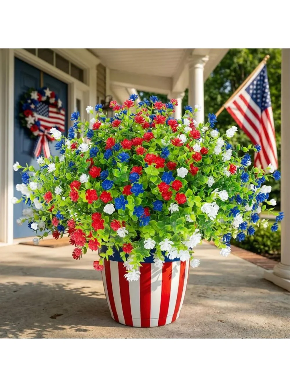12 Pcs UV Resistant Faux Flowers - Patriotic Red, White & Blue Decor for Summer